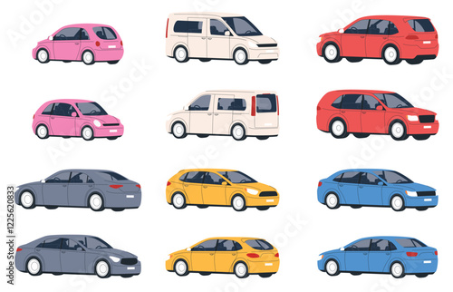 Different types of cars, city, off-road, sports. Transport for convenient and safe movement on the streets between cities and trips. Vector illustration