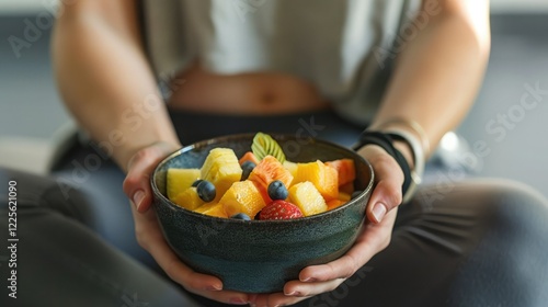 Fresh fruit bowl held by a person during a wellness session in a calm indoor setting
