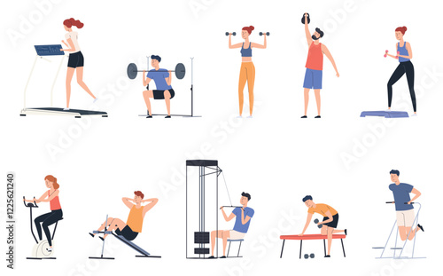 Men and women doing sports in the gym. Gymnastics, exercise machines, weightlifting. Keeping the body in good physical shape. Vector illustrations