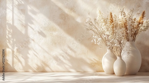 Beige wall background with beige vases and dried flowers, beige wall, beige background