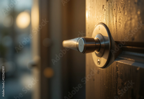 Wallpaper Mural A close-up of a metallic door handle glistening in the warm sunlight during sunset. The soft glow highlights the surrounding wooden door, creating an inviting atmosphere Torontodigital.ca