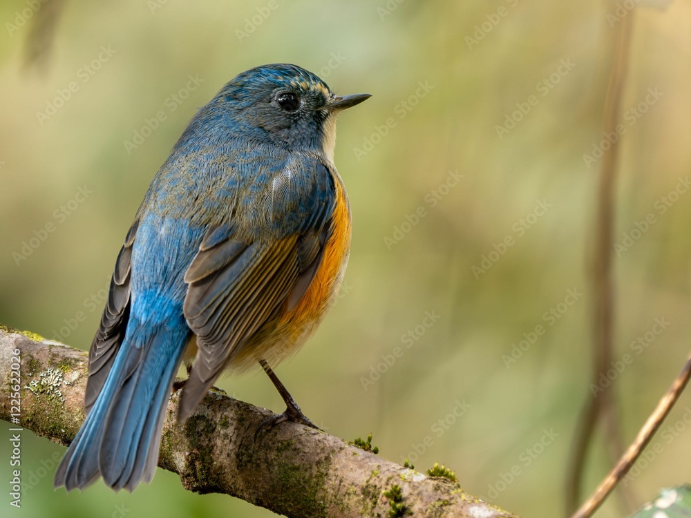 Fototapeta premium 森の中で枝に留まって周りを見渡しているルリビタキの雄