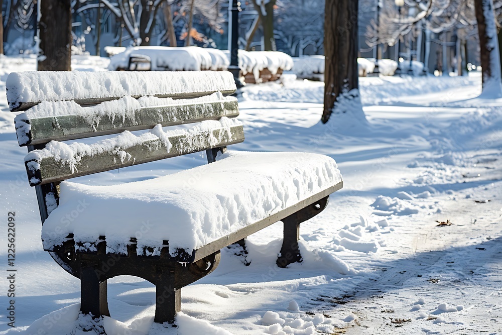 A snowcovered park bench sits in a sunlit winter scene. Snow blankets the bench and ground. Bare trees line a snowy pathway in the background. A snowcovered park bench sits in a sunlit winter scene. Snow blankets the bench and ground. Bare trees line a snowy pathway in the background.