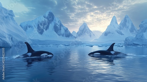 Orcas swimming in icy waters among majestic mountains during early morning light
