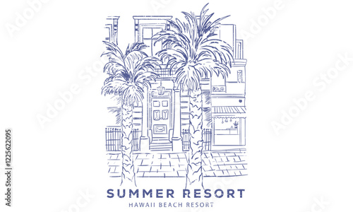 Summer resort artwork. Italy city hand sketch, Venice beach hotel print design for apparel, sticker, background, poster and others. City resort modern abstract art.