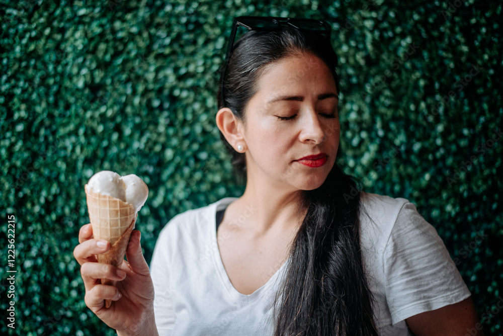 A woman holding an ice cream in her hand is rejecting it, turning her face to the side with her eyes closed and a serious expression. A woman holding an ice cream in her hand is rejecting it, turning her face to the side with her eyes closed and a serious expression.