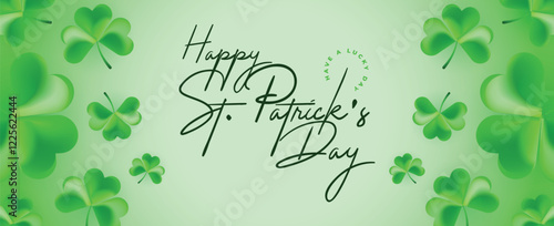 Saint Patrick's Day Web Banner with Green Shamrock Leaf Pattern Background. Happy St. Patrick Day Irish Traditional Holiday Banner for Greeting Card, Poster, Flyer, and Social Media Isolated