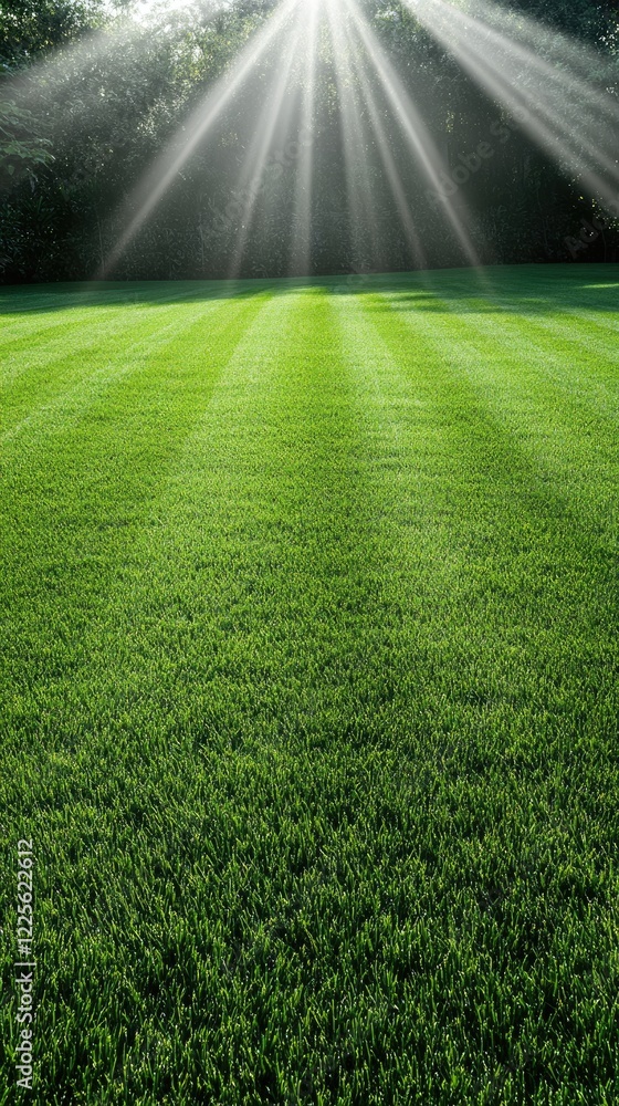 Obraz premium A vibrant green lawn stretches under soft sunlight, creating a peaceful atmosphere. The rays break through the trees, casting gentle shadows on the grass