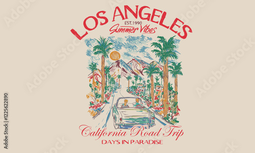 Summer vibes artwork. Sunshine artwork. Enjoy beach life. Los angeles city watercolor painting. Palm city, California car road trip painting.