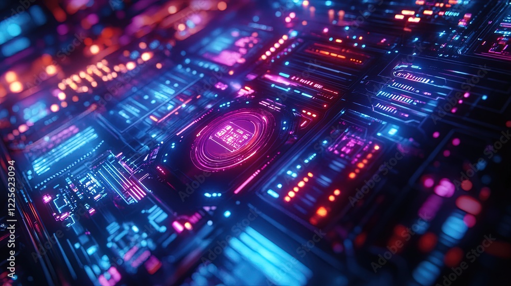 Fototapeta premium A futuristic space station with neon lighting and holographic displays, capturing the essence of advanced technology 