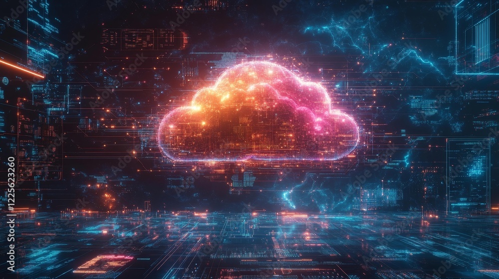 Futuristic cloud computing concept with glowing digital cloud and abstract technology background. Generative AI Futuristic cloud computing concept with glowing digital cloud and abstract technology background. Generative AI
