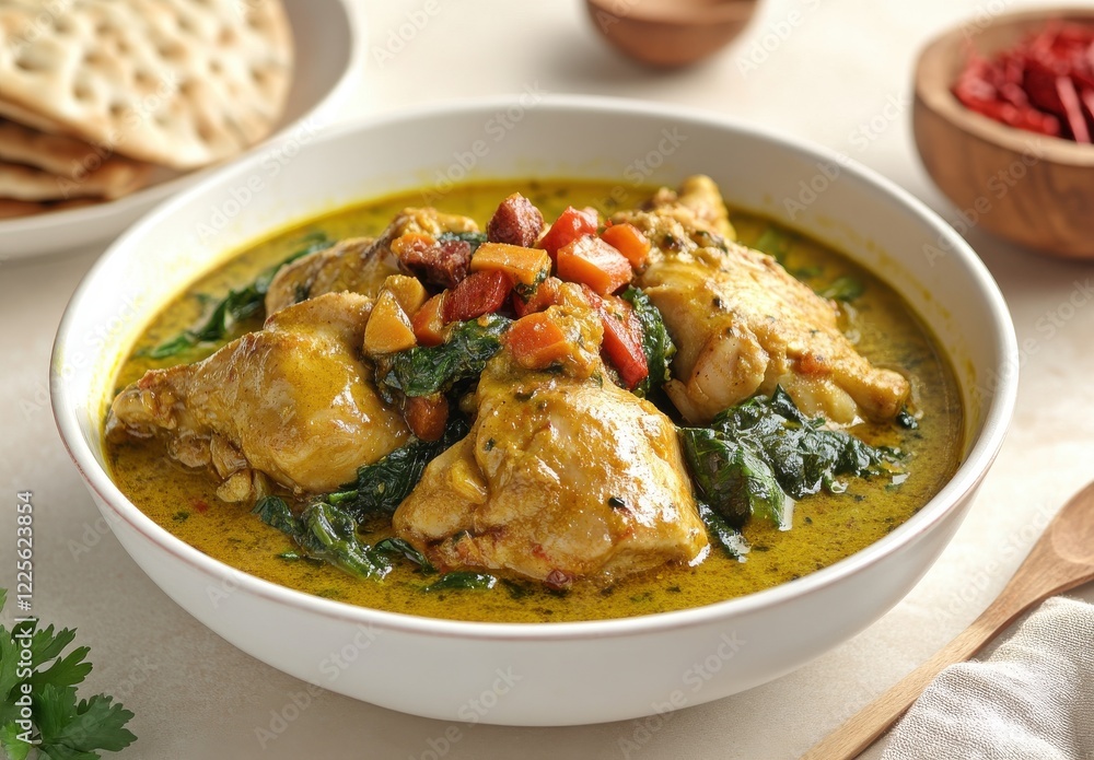 Delicious Spiced Chicken Thighs in Green Herb Curry with Fresh Vegetables Served with Flatbread and Garnished with Coriander in an Inviting Setting Delicious Spiced Chicken Thighs in Green Herb Curry with Fresh Vegetables Served with Flatbread and Garnished with Coriander in an Inviting Setting