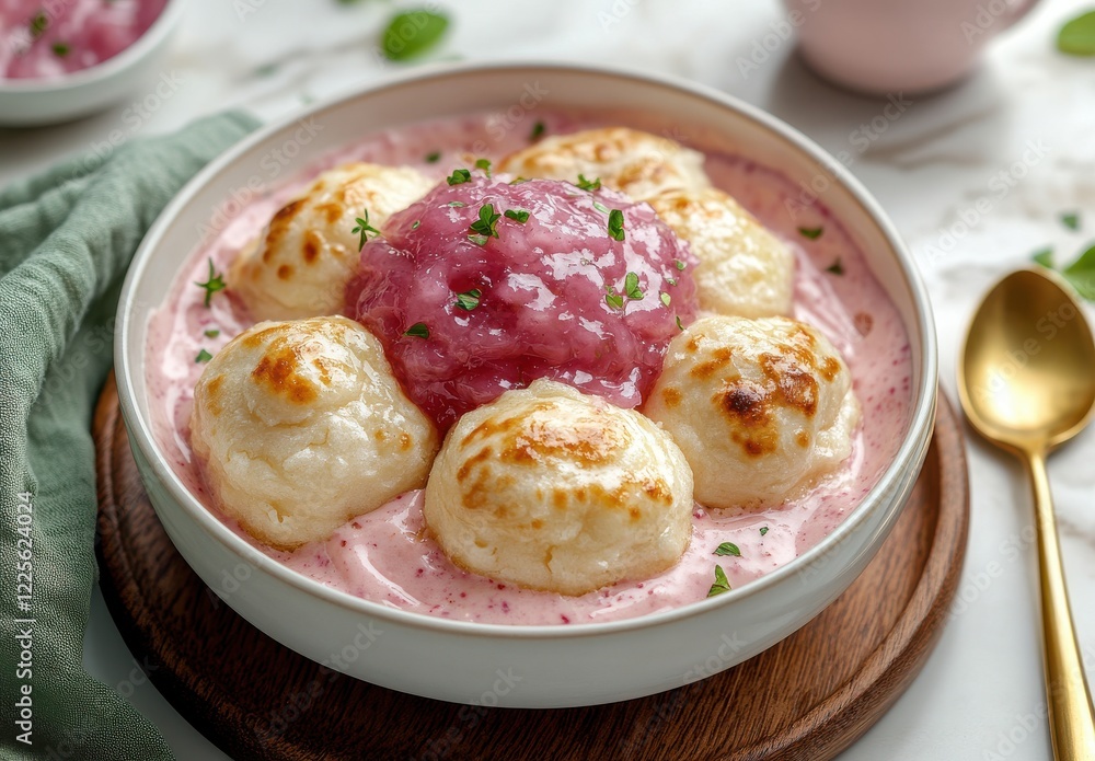 Delicious Sweet Cheese Dumplings in Creamy Pink Yogurt Sauce Served on a Wooden Plate with Fresh Herbs and Elegant Table Setting Delicious Sweet Cheese Dumplings in Creamy Pink Yogurt Sauce Served on a Wooden Plate with Fresh Herbs and Elegant Table Setting
