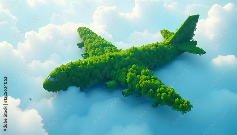 Naklejka premium an airplane shaped like a dense cluster of green trees, surrounded by soft, fluffy clouds in a bright sky, created with generative ai