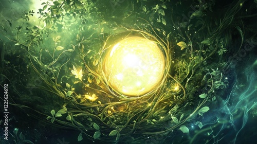 An ethereal illustration of Mother Nature nurturing a glowing orb of light, surrounded by flowing vines and soft glowing elements, exuding peaceful energy.