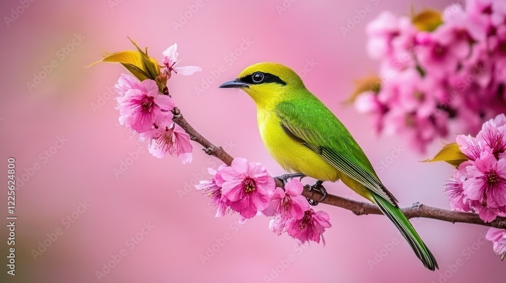 A vibrant yellow green bird perched on pink blossoms A vibrant yellow green bird perched on pink blossoms