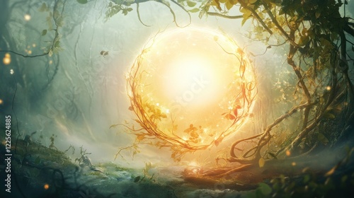 An ethereal illustration of Mother Nature nurturing a glowing orb of light, surrounded by flowing vines and soft glowing elements, exuding peaceful energy.