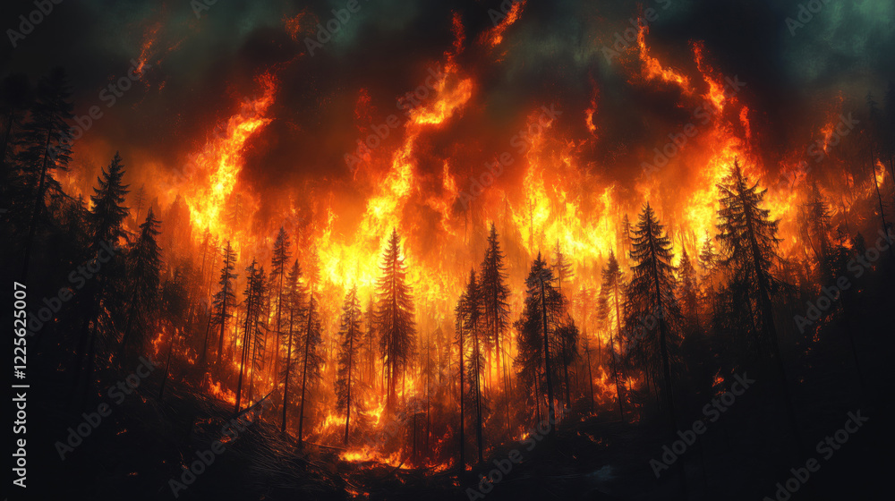 Wildfire burning through forest at night creating orange glow Wildfire burning through forest at night creating orange glow