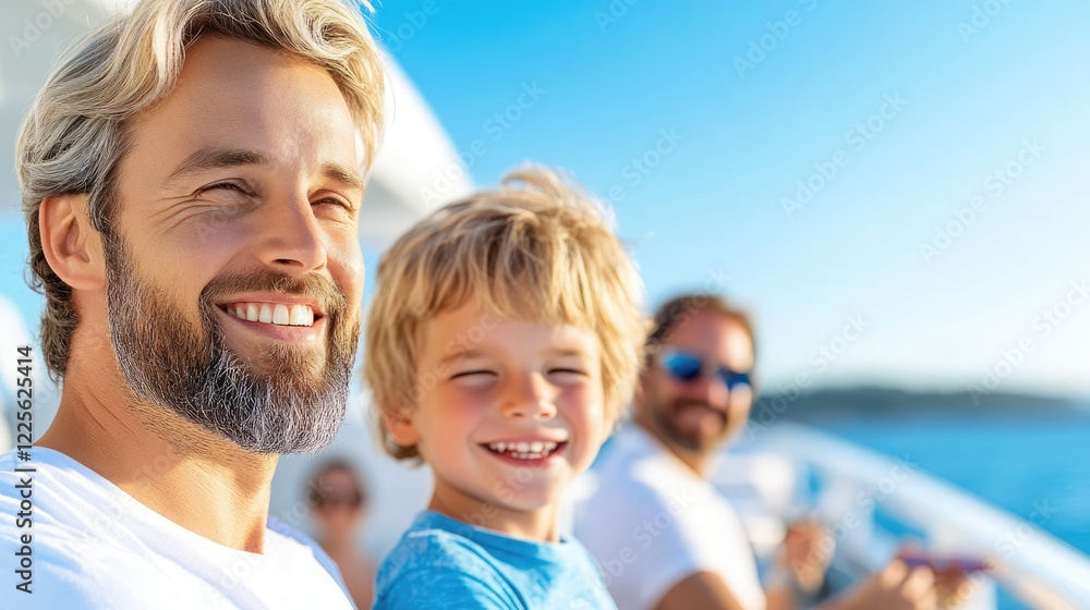 Fototapeta premium Father and son enjoying a sunny boat trip with family on a clear blue day