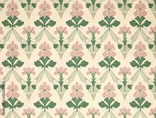 A seamless vintage floral pattern featuring pink flowers and green leaves in a symmetrical arrangement, ideal for textiles, wallpapers, and decorative designs.