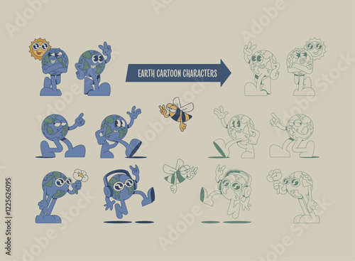 earth mascot cartoon characters in retro style, vector illustration