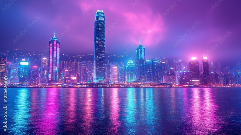 Fototapeta premium Neon-lit futuristic urban skyline at night. Generative AI