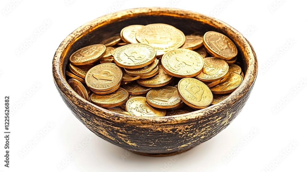 A small, round bowl filled with golden coins against a white background. A small, round bowl filled with golden coins against a white background.