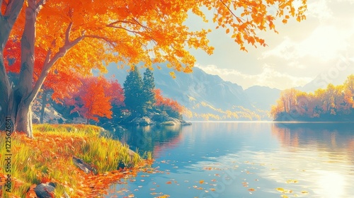 Autumnal lake scene with vibrant foliage and mountains