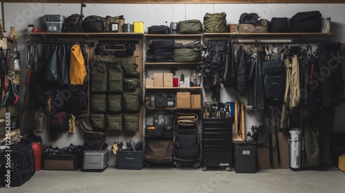 Organized gear storage in a garage, featuring various bags, boxes, and equipment on shelves and hanging racks. photo