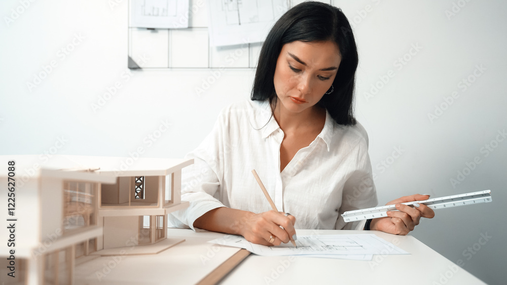Closeup portrait image of professional young beautiful engineer architect using triangular scale measures house model with focusing at modern office. Business creative design concept. Immaculate. Closeup portrait image of professional young beautiful engineer architect using triangular scale measures house model with focusing at modern office. Business creative design concept. Immaculate.