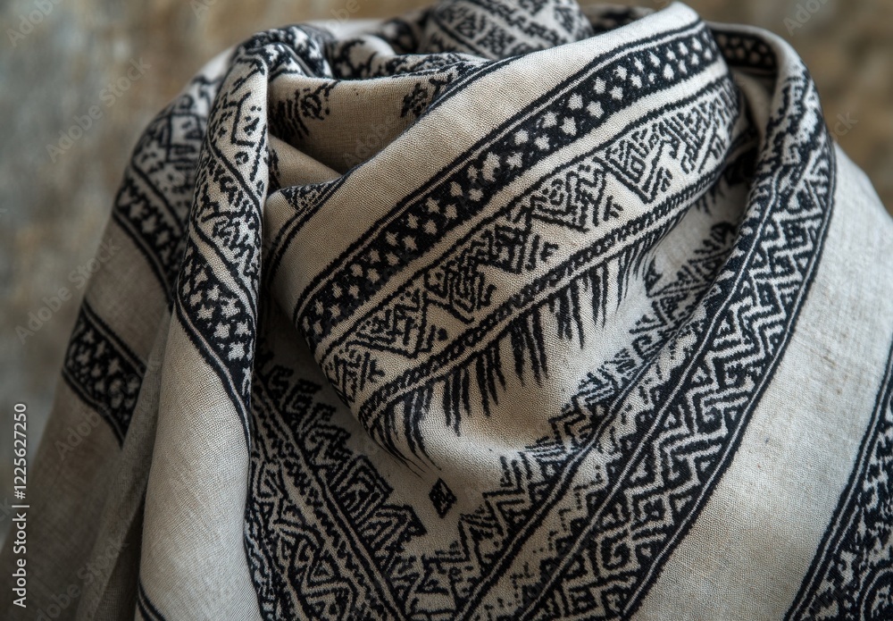 Obraz premium Elegant black and white scarf with intricate tribal patterns draped beautifully, showcasing textile craftsmanship and cultural heritage in a soft fabric