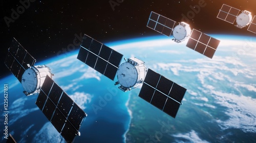 SpaceX satellite constellation in low Earth orbit, multiple satellites arranged in precise formation, their solar panels reflecting sunlight, intricate surface details visible, Earthâ€™s atmosphere