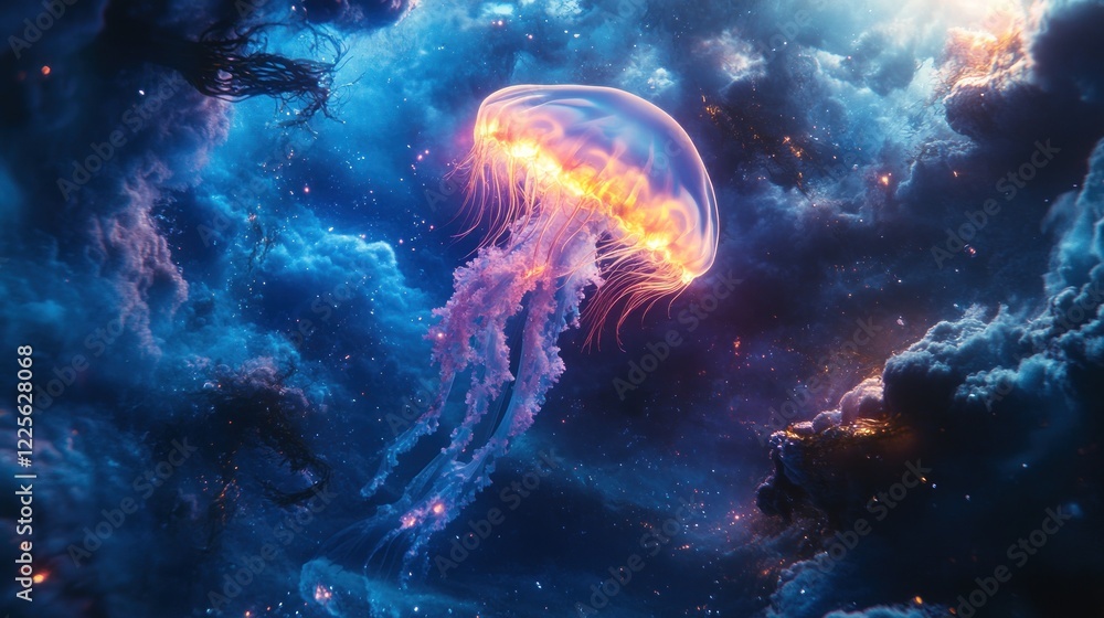 Fototapeta premium Luminous Jellyfish Swims Through Cosmic Nebula