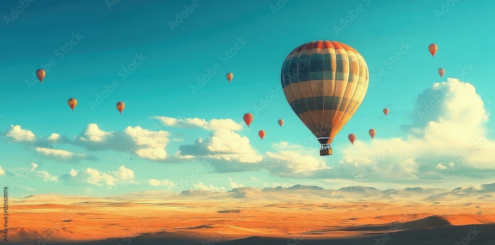 Fototapeta premium Hot Air Balloons Soaring Over a Vast Desert Landscape