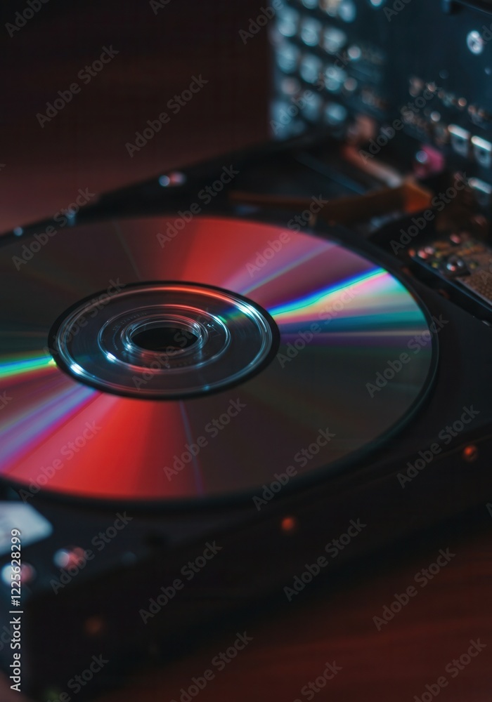 Close-up of colorful cd in dvd drive reflecting light Close-up of colorful cd in dvd drive reflecting light