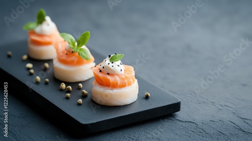 Black plate with salmon piece and gourmet appetizer presentation on wooden table