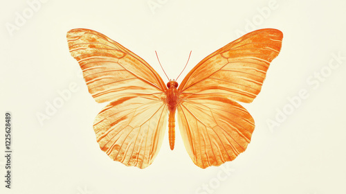 A delicately detailed butterfly, vibrant orange and gold tones, wings spread wide in a display of symmetry