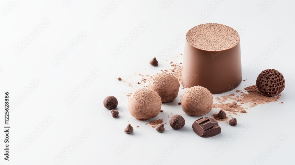 Assorted gourmet chocolate desserts and treats arranged on a white background