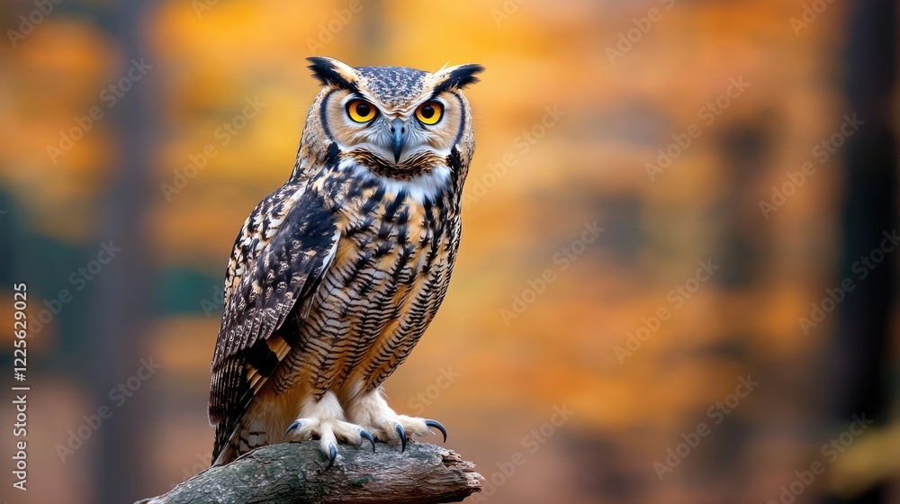 Obraz premium Close view of a majestic owl resting on a stone surface surrounded by colorful autumn leaves in a tranquil environment