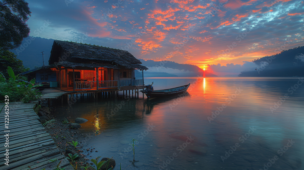 Fototapeta premium The result is a mesmerizing view of a fishing village, captured through a lens that maximizes the beauty of nature and traditional aspects.