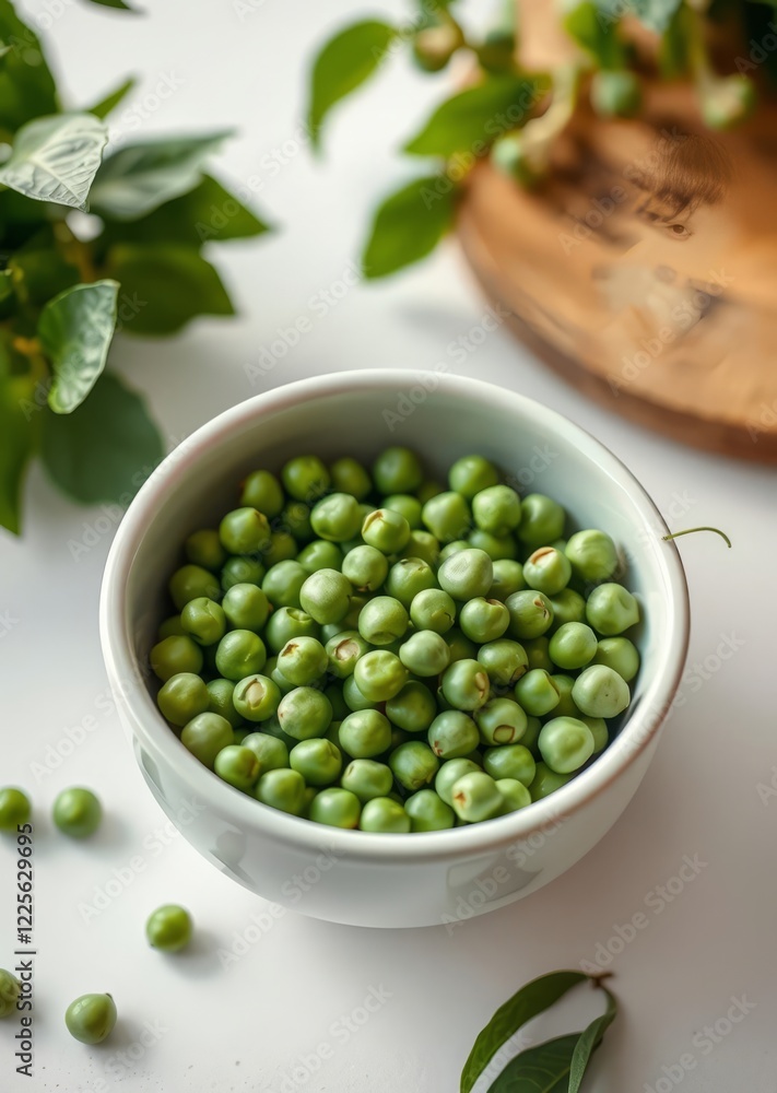 Green peas in ceramic bowl, wooden spoon, fresh mint leaves, white background, soft natural light, macro photography, rustic kitchen scene, vibrant green color, healthy food, simple composition, organ Green peas in ceramic bowl, wooden spoon, fresh mint leaves, white background, soft natural light, macro photography, rustic kitchen scene, vibrant green color, healthy food, simple composition, organ