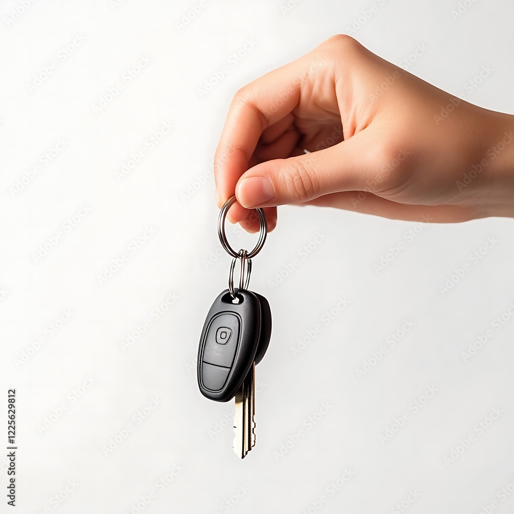 Hand holding car keys on white background Hand holding car keys on white background