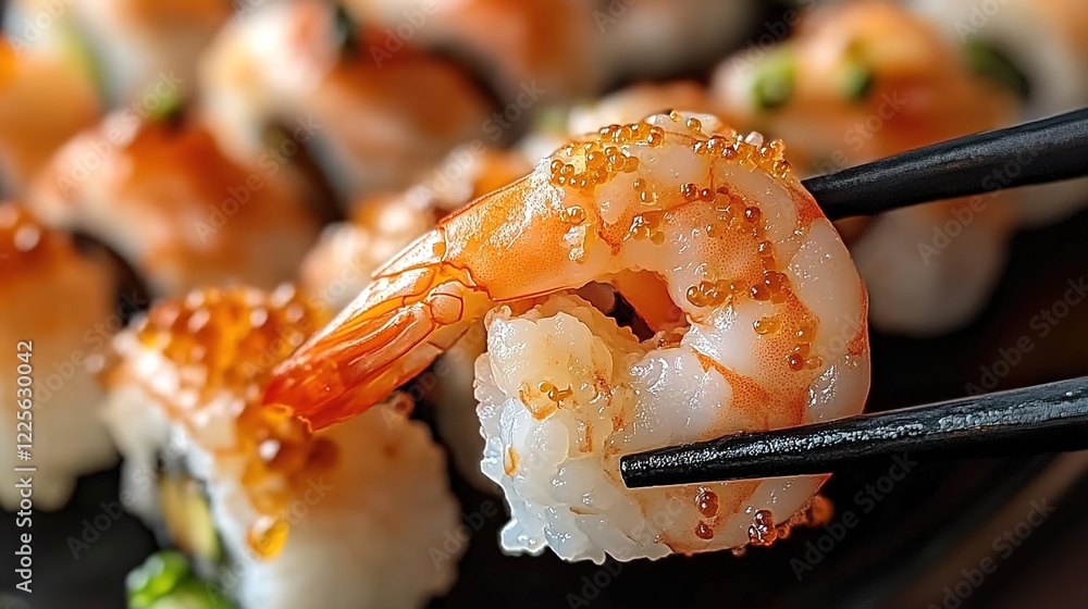 Close-up of sushi with shrimp, one piece is being held by chopsticks Close-up of sushi with shrimp, one piece is being held by chopsticks
