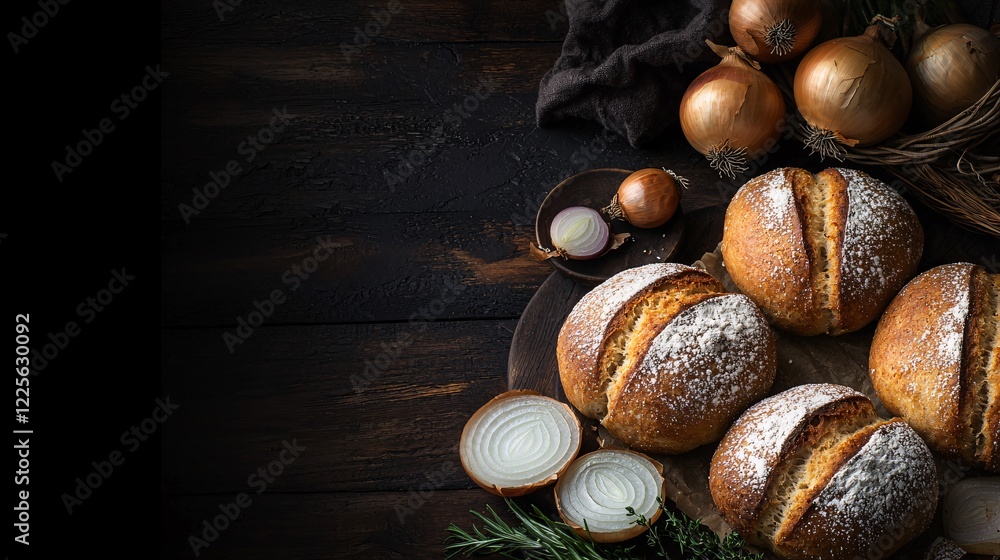Obraz premium set of freshly baked onion bread rolls on a rustic wooden table, highlighting the use of onions as an ingredient in baked goods. Onion, Food made from onion 
