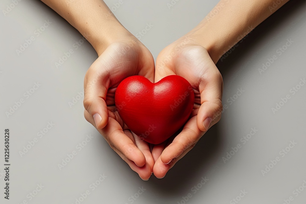 Hands Cupping Simple Red Heart On Grey Background Hands Cupping Simple Red Heart On Grey Background