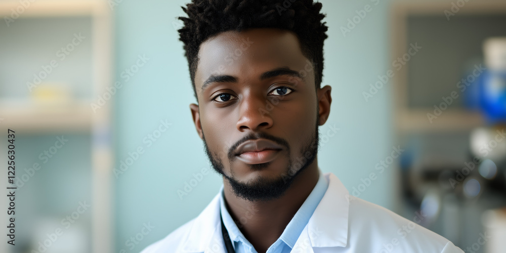 Black scientist student on university wearing white coat against laboratory background, scientific concept portrait. Black scientist student on university wearing white coat against laboratory background, scientific concept portrait.