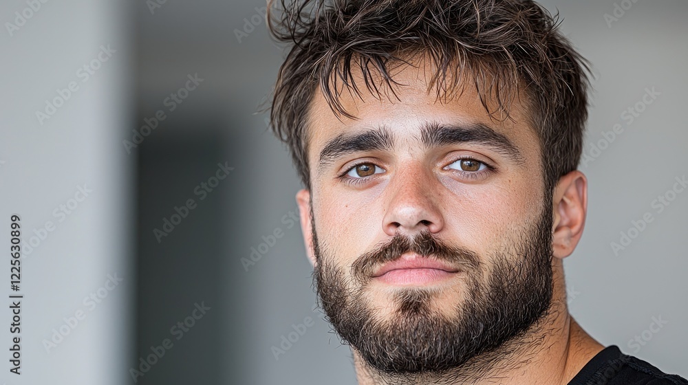 Fototapeta premium Young man portrait, serious expression, indoors, blurred background, profile picture