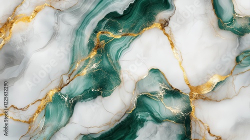 a mesmerizing abstract marble texture featuring swirling metallic gold and deep emerald veins on pristine white, with subtle iridescent highlights and smooth, polished surface