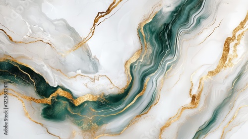 a mesmerizing abstract marble texture featuring swirling metallic gold and deep emerald veins on pristine white, with subtle iridescent highlights and smooth, polished surface