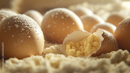 Fresh eggs in flour, yolk visible, baking prep photo